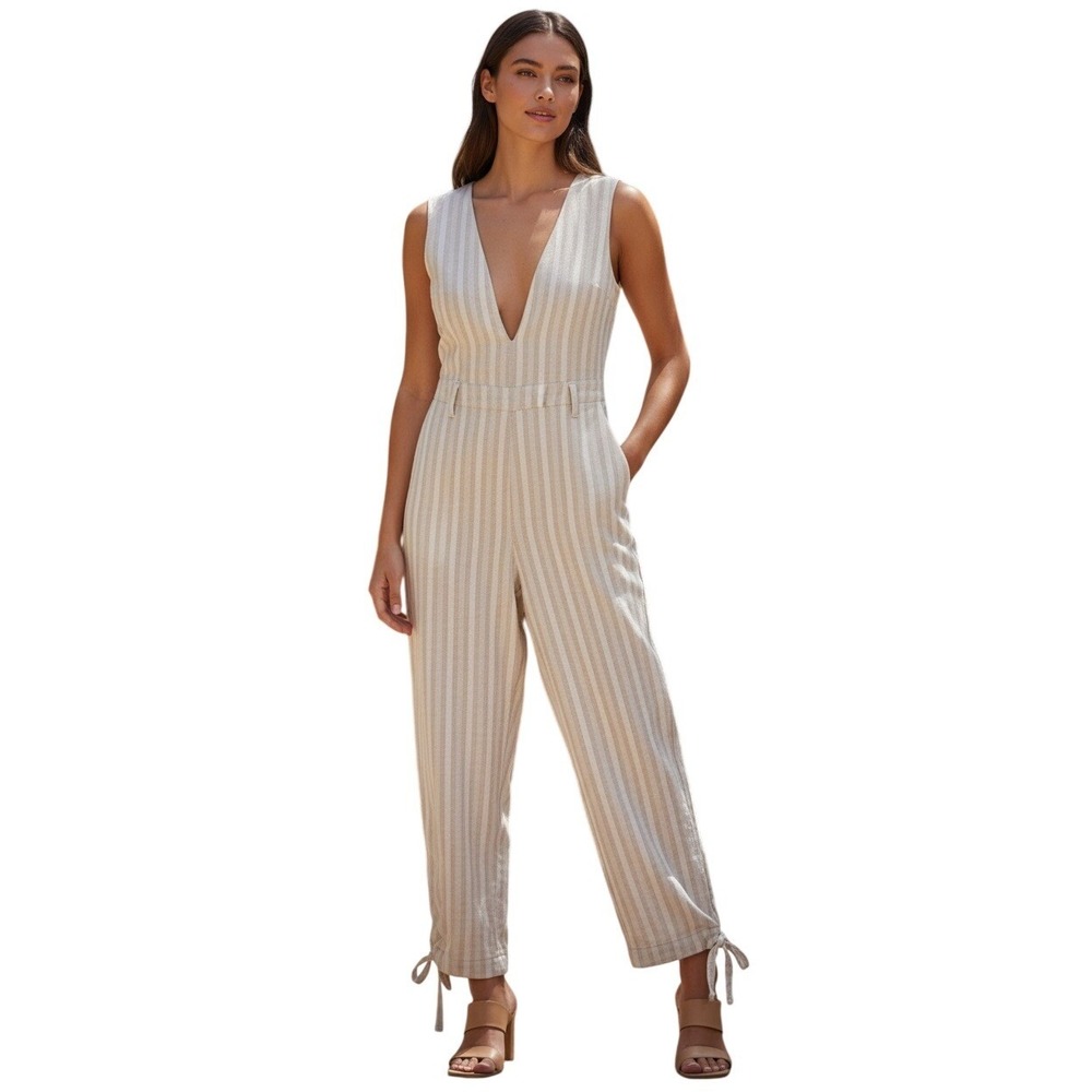 Tularosa Kylo Linen Blend‎ Striped Jumpsuit Tan White Cutout Back S